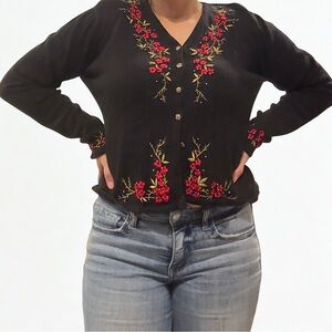 Vintage Floral Embroidered Black Cardigan